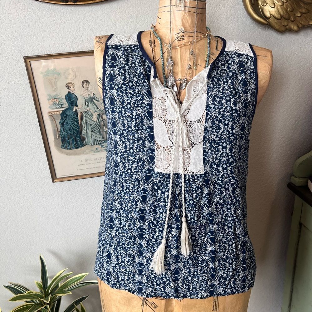 Moon & Sky Blue Cream Floral Lace Paisley Boho Peasant Tassel Blouse Sz M